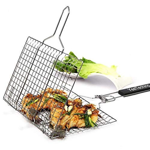 Yeeteching Grill Basket, Non Stick Portable 430 Grade Stainless Steel with Removable Wooden Handle for Fish, Steak, Meat, Vegetables, Grill Basket for Outdoor BBQs, Kitchen & Camping