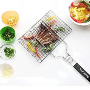 Yeeteching Grill Basket, Non Stick Portable 430 Grade Stainless Steel with Removable Wooden Handle for Fish, Steak, Meat, Vegetables, Grill Basket for Outdoor BBQs, Kitchen & Camping