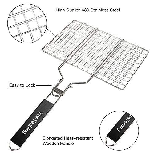 Yeeteching Grill Basket, Non Stick Portable 430 Grade Stainless Steel with Removable Wooden Handle for Fish, Steak, Meat, Vegetables, Grill Basket for Outdoor BBQs, Kitchen & Camping