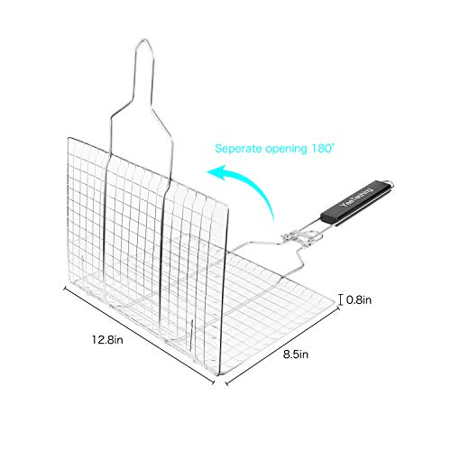 Yeeteching Grill Basket, Non Stick Portable 430 Grade Stainless Steel with Removable Wooden Handle for Fish, Steak, Meat, Vegetables, Grill Basket for Outdoor BBQs, Kitchen & Camping