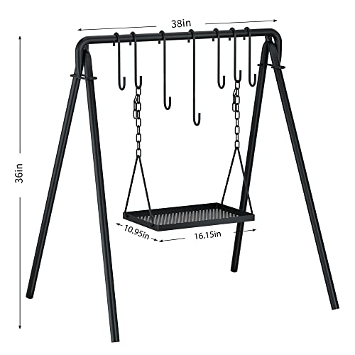 38" Grill Swing Large Campfire Grill Stand w/6 Hooks Cast Iron BBQ Grill Campfire Cooking Stand Cookware Hanging Rack Outdoor Picnic Camping Bonfire Party Barbecue Set for Cookware & Dutch Oven