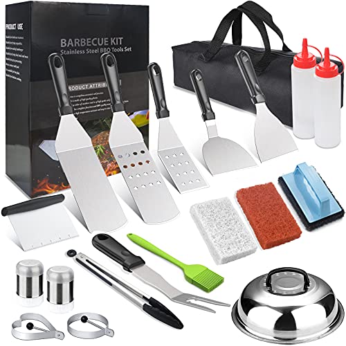 JUSONEY Blackstone Griddle Accessories Set,Flat Top Grill Spatula Kit with Pot Cover,Scraper,Tong,Egg Rings, Chopper,Fork,Carry Bag and Griddle Cleaning Kit Great for Blackstone and Camp Chef!