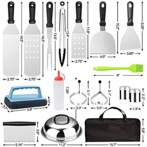 JUSONEY Blackstone Griddle Accessories Set,Flat Top Grill Spatula Kit with Pot Cover,Scraper,Tong,Egg Rings, Chopper,Fork,Carry Bag and Griddle Cleaning Kit Great for Blackstone and Camp Chef!