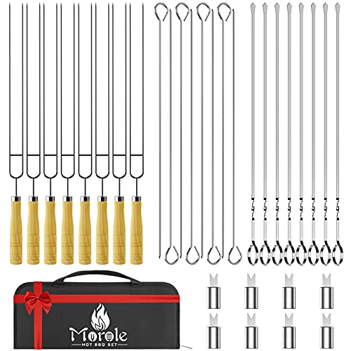 Morole 33PCS Metal Kabob Skewers for Grilling, 16" Long Stainless Steel Barbecue Skewers Reusable Grilling Skewers for Meat Shrimp Chicken Vegetables, Includes 8 Corn Forks and a Storage Bag