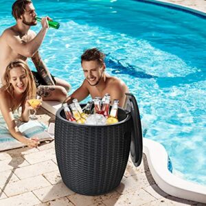 Giantex 9.5 Gallon Ice Cooler, Wicker Round Ice Chest, Outdoor Beer Wine Ice Bucket, Top Lid Side Handles Drainage Plug, Weather-resistant Patio Cool Bar Table for Cocktail Party Poolside Deck (Black)