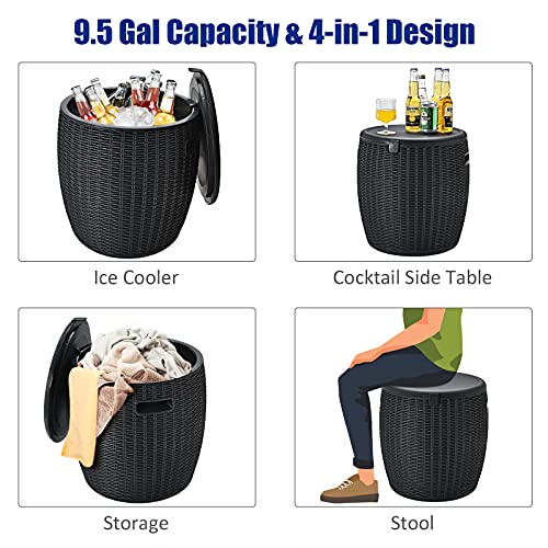 Giantex 9.5 Gallon Ice Cooler, Wicker Round Ice Chest, Outdoor Beer Wine Ice Bucket, Top Lid Side Handles Drainage Plug, Weather-resistant Patio Cool Bar Table for Cocktail Party Poolside Deck (Black)