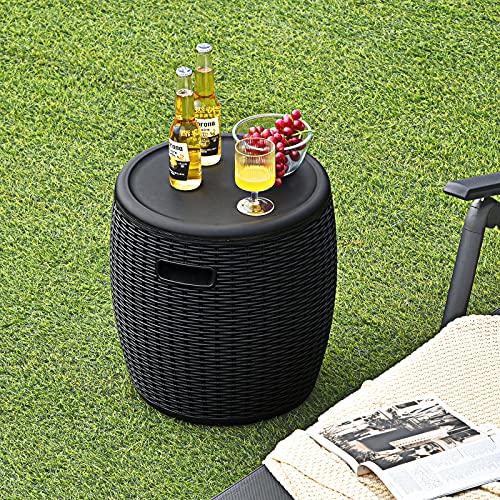 Giantex 9.5 Gallon Ice Cooler, Wicker Round Ice Chest, Outdoor Beer Wine Ice Bucket, Top Lid Side Handles Drainage Plug, Weather-resistant Patio Cool Bar Table for Cocktail Party Poolside Deck (Black)