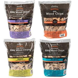 camerons all natural wood chips for smoker, 4 pack - apple, cherry, hickory, mesquite -260 cu in bag, approx 2lbs ea - kiln dried coarse bbq wood chips- barbecue grilling variety pack gift set for men