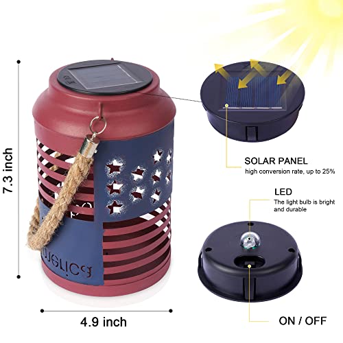 Solar Garden Lanterns Outdoor Waterproof Hanging Decorative American Flag Lights for Patio Yard Camping Deck Porch Outside Table Decorations