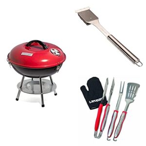cuisinart grill bundle - portable charcoal grill, 14" (red), 3-piece grilling tool set with grill glove (red) & grill cleaning brush (stainless steel)