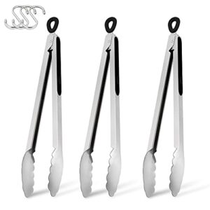 lenoyo cooking kitchen tongs set of 3, stainless steel barbecue tongs, 14" serving grill tongs for nonstick pans and outdoor grilling bbq griddle accessories, locking, heat resistant, dishwasher safe