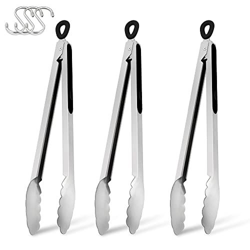 Lenoyo Cooking Kitchen Tongs Set of 3, Stainless Steel Barbecue Tongs, 14" Serving Grill Tongs for Nonstick Pans and Outdoor Grilling BBQ Griddle Accessories, Locking, Heat Resistant, Dishwasher Safe