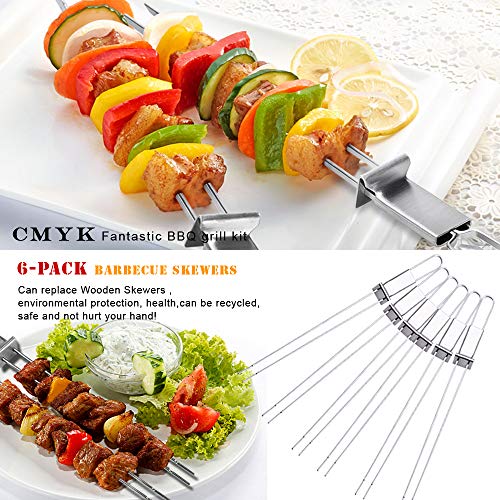 Barbecue Skewers, CMYK 6-Pack 13" Stainless Steel Grilling Skewers with Slider, Reusable Metal BBQ Shish Kabob Skewers Sticks