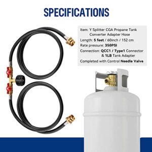 WADEO 5 FT Propane Splitter Hose, Propane Y Splitter 2 Way with Shut Off Valve, Propane Hose Adapter 1lb Portable Appliance to QCC1/Type1 20lb Propane Tank for Gas Grill, Heater, Fire Pit, 350PSI