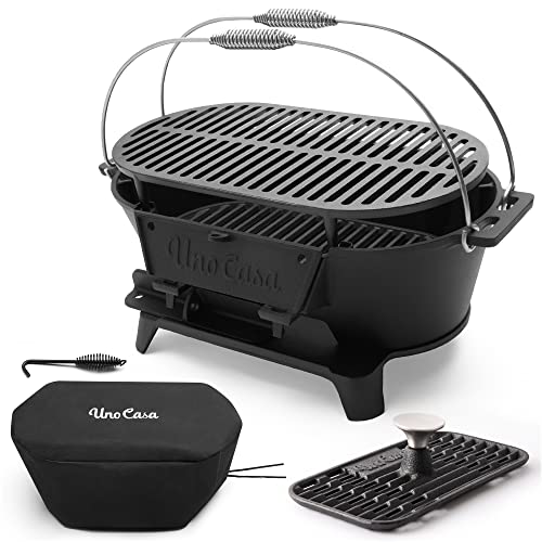 Uno Casa Hibachi Grill and Cast Iron Grill Press Set - Bundle of Pre-Seasoned Small Charcoal Grill with XL Hamburger Press, Charcoal Grill for Camping and 9x4.5 Inch Bacon/Burger Press