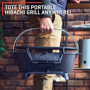 Uno Casa Hibachi Grill and Cast Iron Grill Press Set - Bundle of Pre-Seasoned Small Charcoal Grill with XL Hamburger Press, Charcoal Grill for Camping and 9x4.5 Inch Bacon/Burger Press