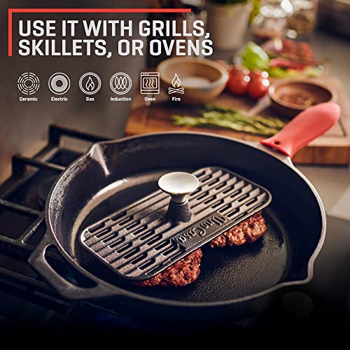 Uno Casa Hibachi Grill and Cast Iron Grill Press Set - Bundle of Pre-Seasoned Small Charcoal Grill with XL Hamburger Press, Charcoal Grill for Camping and 9x4.5 Inch Bacon/Burger Press