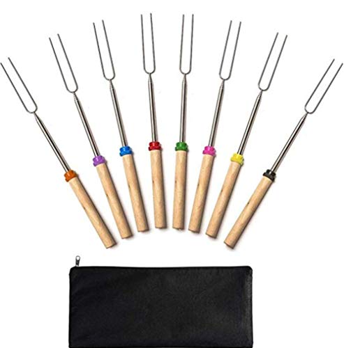 Wonderland Marshmallow Roasting Sticks with Wooden Handle Extendable Forks Set of 8 Pcs Telescoping Smores Skewers for Campfire, Firepit, and Sausage BBQ, 32 Inches