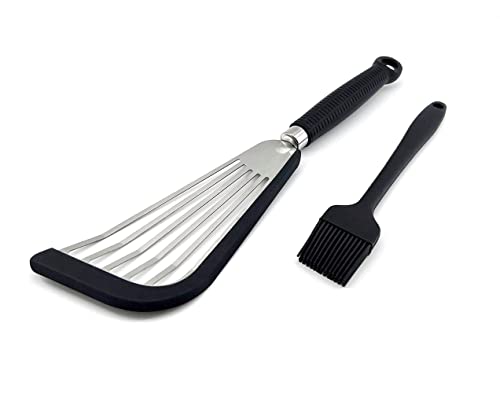 halteoly Fish Spatula Stainless steel with Silicone handled, Fish spatulas for nonstick cookware,Fish Flipper Spatula and Basting Brush (Black)