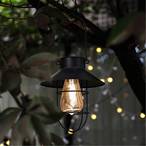 Solar Outdoor Lantern, Waterproof Hanging Solar Lantern with Edison Bulb for Patio, Garden, Lawn, Pathway (Black)