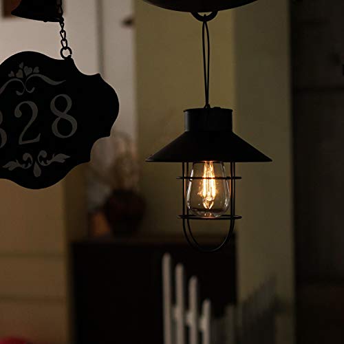 Solar Outdoor Lantern, Waterproof Hanging Solar Lantern with Edison Bulb for Patio, Garden, Lawn, Pathway (Black)