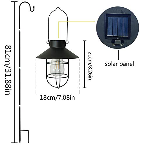 Solar Outdoor Lantern, Waterproof Hanging Solar Lantern with Edison Bulb for Patio, Garden, Lawn, Pathway (Black)