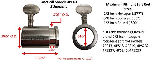 OneGrill Stainless Steel Rotisserie Spit Rod Bushing (Fits: 1/2 Inch Hexagon, 3/8 Inch Square, & 1/2 Inch Round)