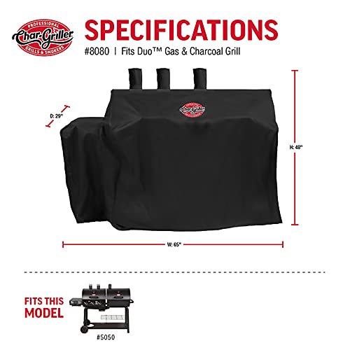 Char-Griller 8080 3-Burner Dual Fuel Expandable Gas & Charcoal Outdoor Grill Cover, Black, 29 x 65 x 49