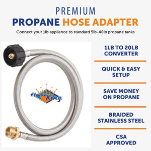 Flame King SS-QCC-1LB 5-FT Steel Braided Hose, 1 lb to 20 lb Adapter, Connects Portable Appliances to Standard Propane QCC1/Type1 Tank