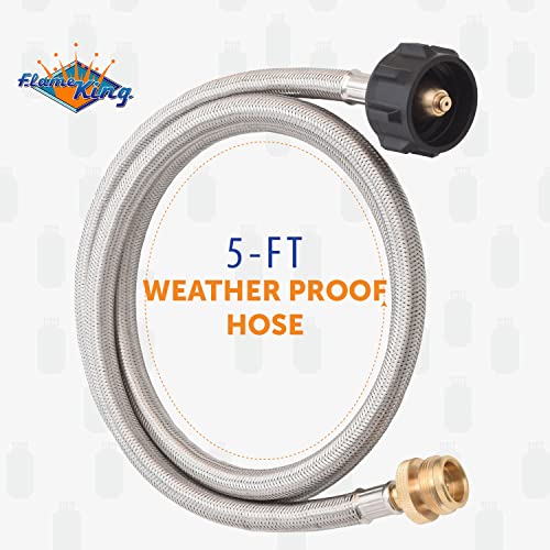 Flame King SS-QCC-1LB 5-FT Steel Braided Hose, 1 lb to 20 lb Adapter, Connects Portable Appliances to Standard Propane QCC1/Type1 Tank