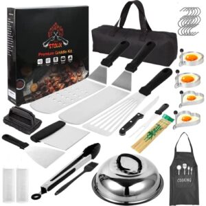 stolix 29pcs stainless steel griddle accessories kit for blackstone and camp chef grill bbq spatula set with carry bag 100pcs bamboo skewers
