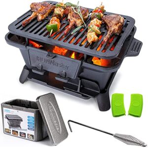 ironmaster pre-seasoned cast iron hibachi grill & carrying case, portable for outdoor japanese yakitori bbq charcoal grills, 2 heights, air control & coal door