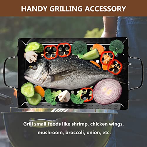 Waykea Non-stick Vegetable Grill Basket with Handle, 12" Rectangle Pan BBQ Accessory for Grilling Veggie, Fish, Shrimp, Meat, Camping Cookware