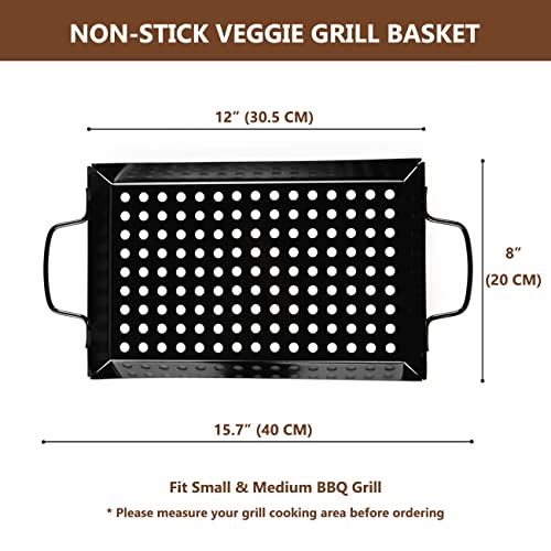 Waykea Non-stick Vegetable Grill Basket with Handle, 12" Rectangle Pan BBQ Accessory for Grilling Veggie, Fish, Shrimp, Meat, Camping Cookware