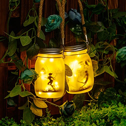 Solar Lantern Fairy Lights for Garden, 2 Pack Outdoor Hanging Mason Jar Lanterns, Decorations for Yard, Garden, Patio, Table