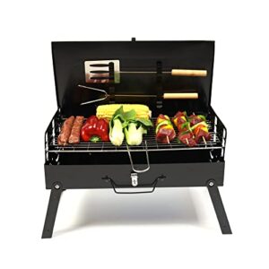 devonics compact charcoal grill set - foldable barbecue for beach, camping | stainless steel notebook charcoal grill with handle, utensils, baking net & foldable strut | small travel bbq grill