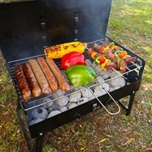 Devonics Compact Charcoal Grill Set - Foldable Barbecue for Beach, Camping | Stainless Steel Notebook Charcoal Grill with Handle, Utensils, Baking Net & Foldable Strut | Small Travel BBQ Grill