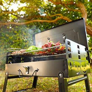 Devonics Compact Charcoal Grill Set - Foldable Barbecue for Beach, Camping | Stainless Steel Notebook Charcoal Grill with Handle, Utensils, Baking Net & Foldable Strut | Small Travel BBQ Grill