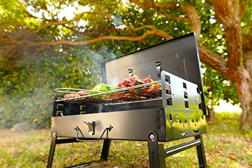 Devonics Compact Charcoal Grill Set - Foldable Barbecue for Beach, Camping | Stainless Steel Notebook Charcoal Grill with Handle, Utensils, Baking Net & Foldable Strut | Small Travel BBQ Grill