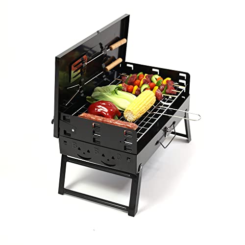 Devonics Compact Charcoal Grill Set - Foldable Barbecue for Beach, Camping | Stainless Steel Notebook Charcoal Grill with Handle, Utensils, Baking Net & Foldable Strut | Small Travel BBQ Grill