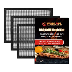 wohlopl grill mesh mat, non stick bbq mesh grilling mats for outdoor grilling, pellet smoker, gas, charcoal grill, heavy duty, reusable, easy to clean, 16 x 12 inch,set of 3