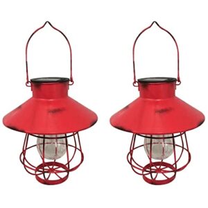 solar lantern waterproof, 2 pack vintage metal hanging solar lights outdoor with clear glass edison bulb (auto on/off), wireless light decor for garden tree patio yard (red)