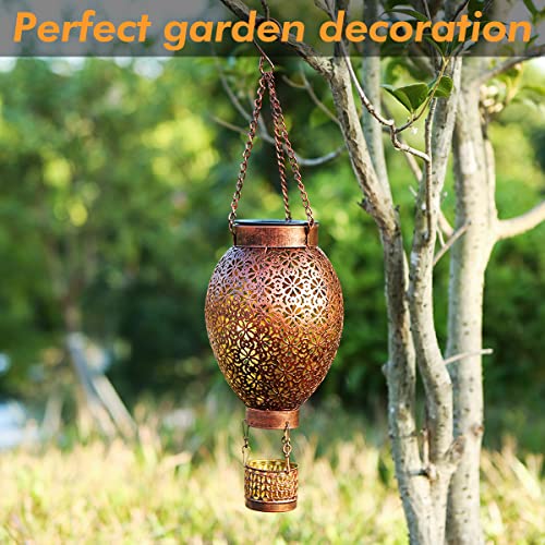 Solar Hanging Lanterns Outdoor, JOYCREATOR Retro IP65 Solar Lanterns Outdoor Waterproof Decorative, Metal LED Solar Outdoor Lantern Garden Patio Yard Decor (Hot Air Balloon)