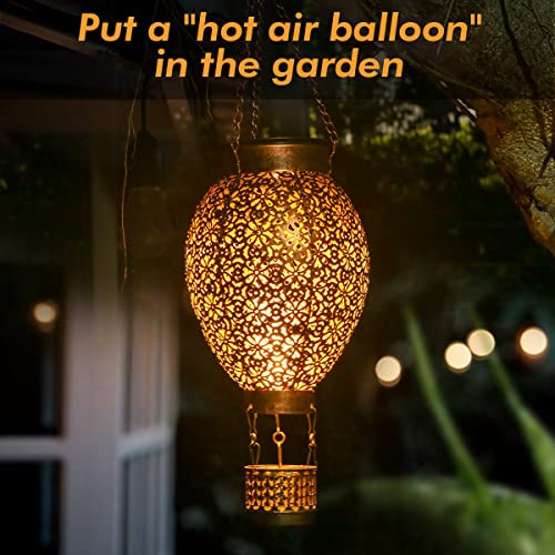 Solar Hanging Lanterns Outdoor, JOYCREATOR Retro IP65 Solar Lanterns Outdoor Waterproof Decorative, Metal LED Solar Outdoor Lantern Garden Patio Yard Decor (Hot Air Balloon)