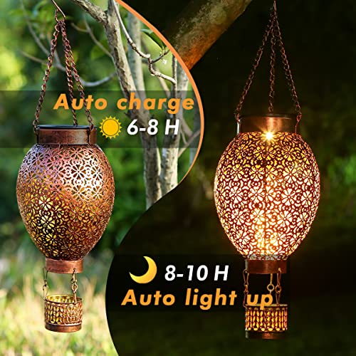 Solar Hanging Lanterns Outdoor, JOYCREATOR Retro IP65 Solar Lanterns Outdoor Waterproof Decorative, Metal LED Solar Outdoor Lantern Garden Patio Yard Decor (Hot Air Balloon)