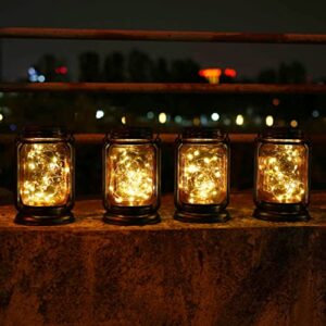 solar mason jar lantern, 4 pack 30 led hanging solar mason jar lights outdoor retro waterproof fairy lights with stakes for garden, lawn, patio, yard, pathway (4 pack)