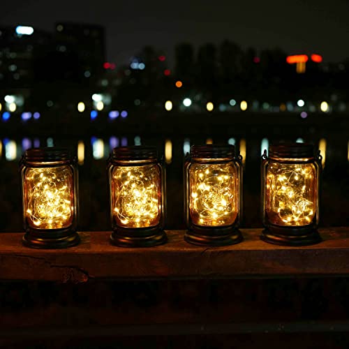 Solar Mason Jar Lantern, 4 Pack 30 LED Hanging Solar Mason Jar Lights Outdoor Retro Waterproof Fairy Lights with Stakes for Garden, Lawn, Patio, Yard, Pathway (4 Pack)