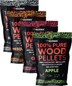 kona wood pellets variety pack, intended for ninja woodfire outdoor grill, apple, cherry, mesquite, supreme blend, 4, 2 lb resealable bags