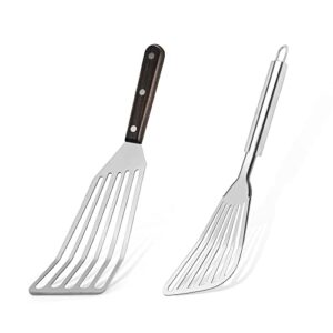 tenta tenta kitchen set of 2 stainless steel fish spatula and fish turner wooden handle and stainless steel handle slotted turner bbq fry turner for cooking fish/meat/dumpling