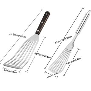 TENTA TENTA KITCHEN Set of 2 Stainless Steel Fish Spatula and Fish Turner Wooden Handle and Stainless Steel Handle Slotted Turner BBQ Fry Turner for Cooking Fish/Meat/Dumpling